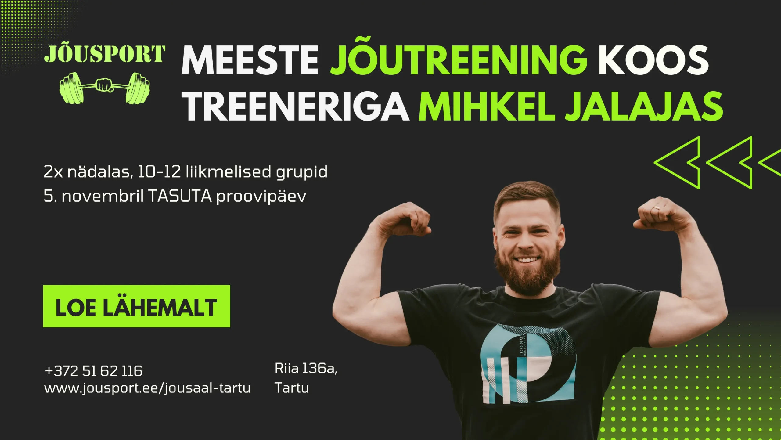 Jõusaali treener Mihkel Jalajas näitamas muskleid, mida saavutab meeste jõusaali treening koos treeneriga
